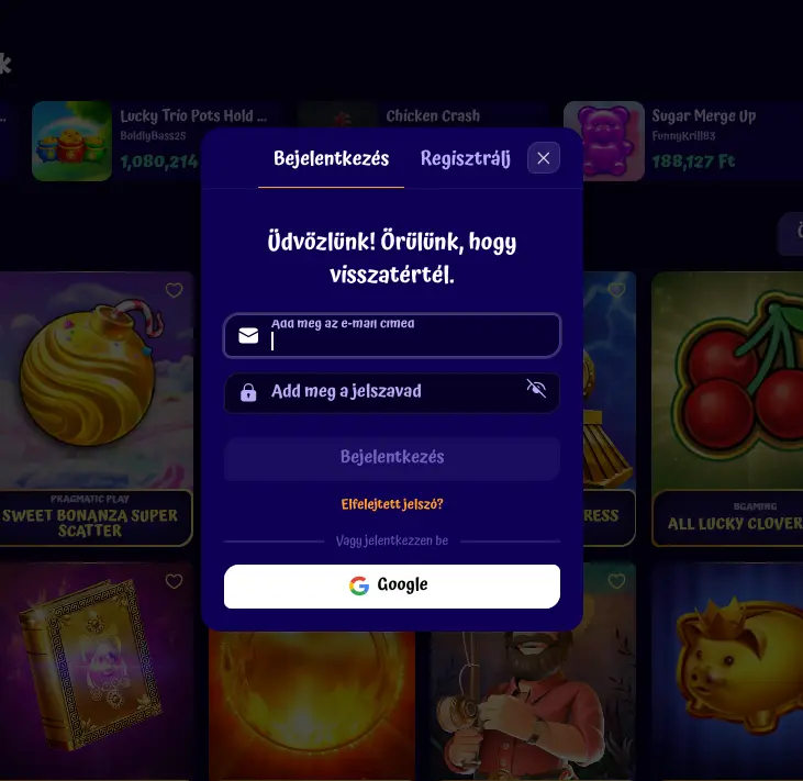SpinGranny bejelentkezés felülete
